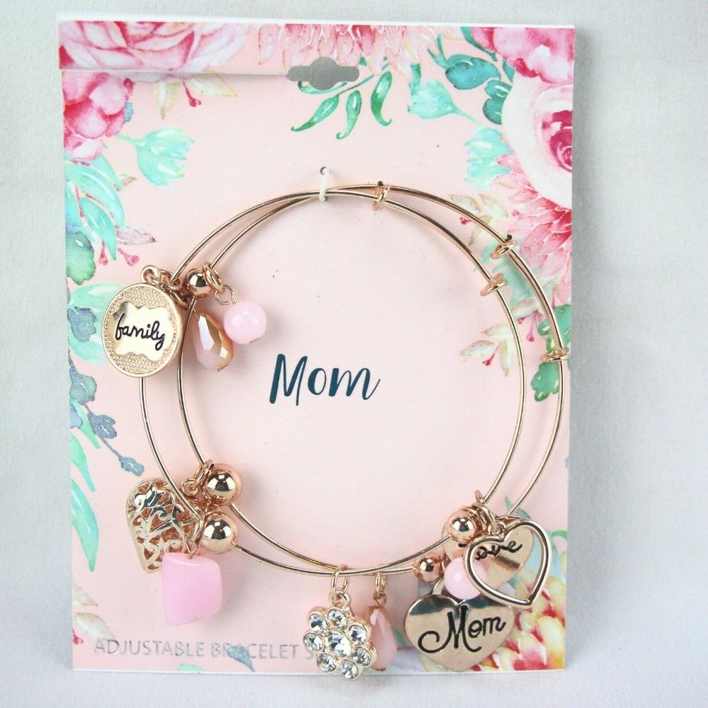 Mom Gift 2 Charm Bracelets Copper-tone Bangle with Pink Beads Rhinestones Hearts